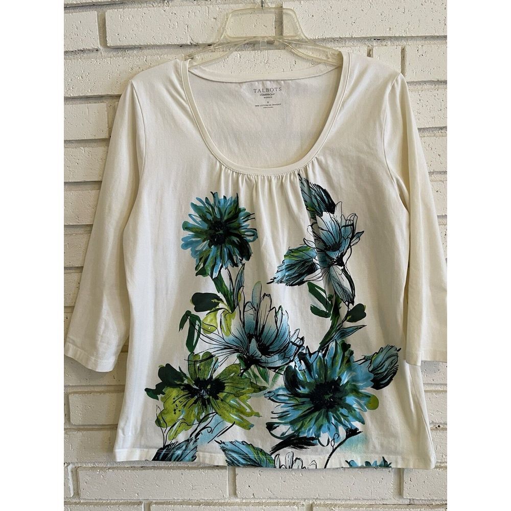 Talbots White‎ w/Blue Green Floral 3/4 Sleeve Tee Top Stretch Size X